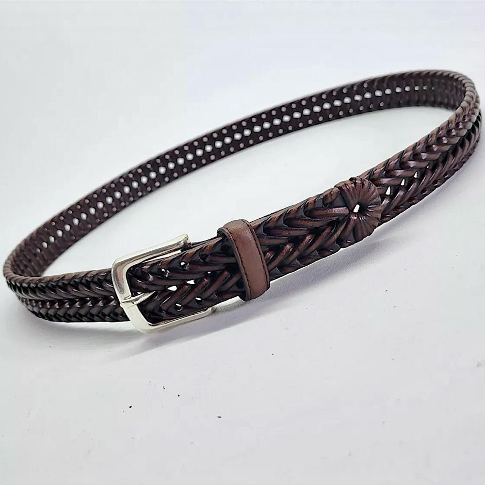Dockers Brown Leather & PU Leather Woven Belt  38” L Adjustable Sz Silver Buckle - Picture 3 of 16